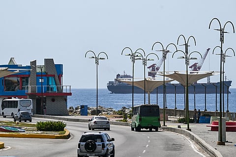 A cargo ship sails on the Caribbean coast of La Guaira, near Caracas, Venezuela on September 2, 2025.
