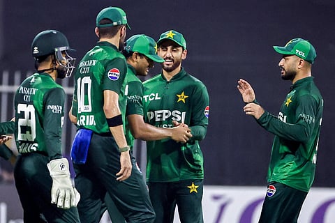 Pakistan's team reacts after taking the wicket during the T20 international cricket match between Afghanistan and Pakistan, in Sharjah on September 2, 2025.