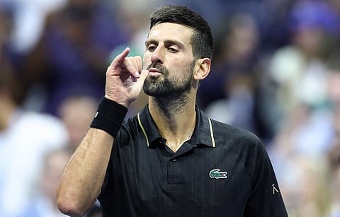 Serbia's Novak Djokovic gestures after winning the men's singles quarter-final against USA's Taylor Fritz on day ten of the US Open.