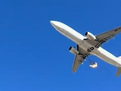 Plane's engine bursts into flames shortly after takeoff from Germany’s Leipzig airport