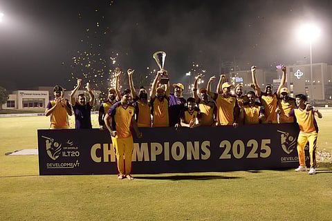 Sharjah Warriorz team celebrates after clinching the DP World ILT20 Development Tournament.