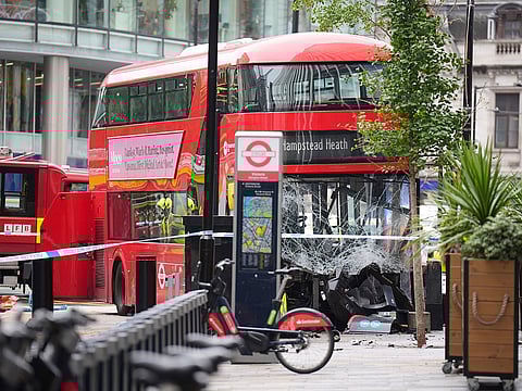 Emergency services at the scene on Allington Street, London, following an accident involving a double-decker bus, on Thursday, September 4, 2025.