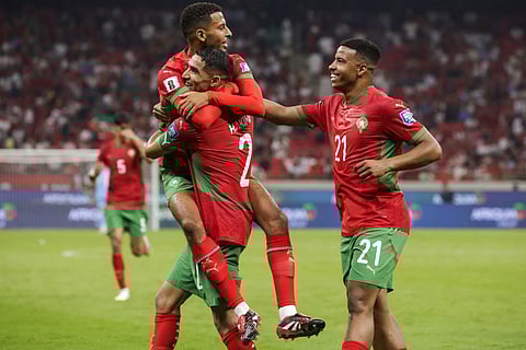 Morocco's midfielder Azzedine Ounahi celebrates scoring with teammates during the FIFA World Cup 2026 Group E African qualification football match between Morocco and Niger at the Prince Moulay Abdellah Sports Complex in Rabat on September 5, 2025.