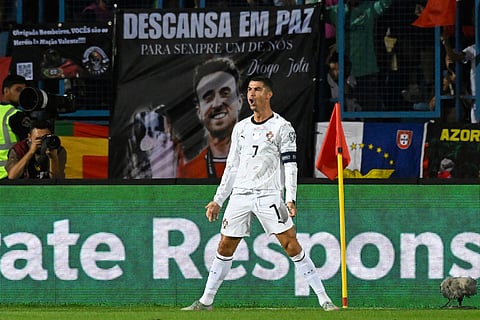 Portugal's Cristiano Ronaldo celebrates after scoring his side's second goal during a World Cup 2026 group F qualifying soccer match between Armenia and Portugal at the Vazgen Sargsyan stadium in Yerevan, Armenia, Saturday, Sept. 6, 2025.