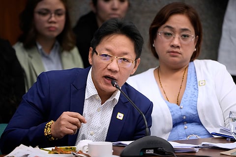 Private contractors Pacifico Discaya. left, and wife Sarah speaks during investigations on flood-control projects at the Senate Blue Ribbon committee in Pasay city, Philippines on Monday, Sept. 8, 2025.