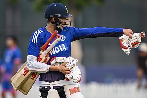 India's Shubman Gill arrvies to take part in a practice session at the International Cricket Council Academy (ICCA) in Dubai.