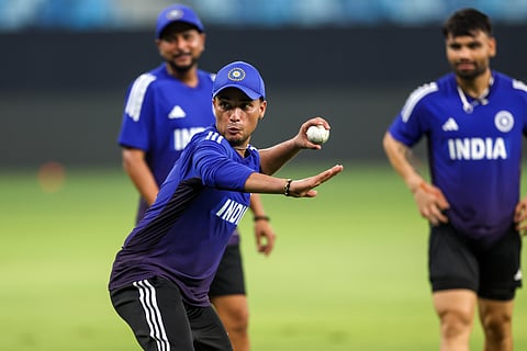 Indian players Abhishek Sharma, Rinku Singh and Kuldeep Yadav during a training session ahead of their first Asia Cup match against UAE at Dubai International cricket stadium.