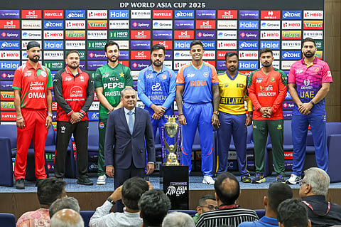 Asian Cricket Council President Mohsin Naqvi with captains Muhammad Waseem (UAE), Litton Das (Bangladesh ), Charith Asalanka (Sri Lanka), Surya Kumar Yadav (India ), Rashid Khan (Afghanistan), Salman Ali Agha (Pakistan), Yasim Murtaza (Hong Kong) and Jatinder Singh (Oman ) during Asia Cup captain’s press conference in Dubai.