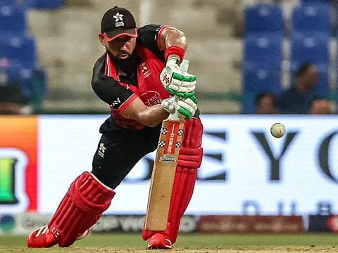 Hong Kong's Babar Hayat plays a shot during match between Afghanistan and Hong Kong.