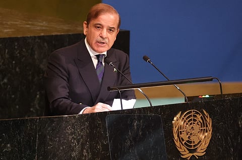 Pakistani Prime Minister Shehbaz Sharif speaks at the 77th session of the United Nations General Assembly (UNGA) at UN headquarters on September 23, 2022 in New York City.