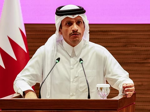 Qatar's Prime Minister and Foreign Minister Mohammed bin Abdulrahman al-Thani addresses a press conference following Israeli strikes in Doha on September 9, 2025.