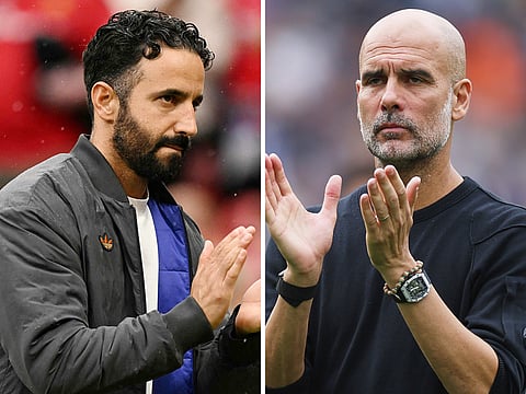 Manchester United's head coach Ruben Amorim (left) and Manchester City's head coach Pep Guardiola.