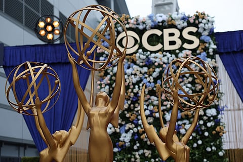 Emmy statues are seen ahead of the 77th Primetime Emmy Awards at the Peacock Theatre at LA Live in Los Angeles on September 14, 2025.