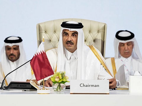 Qatar's Emir Sheikh Tamim bin Hamad Al Thani (C) chairing the the 2025 Arab-Islamic emergency summit in Doha on September 15, 2025.