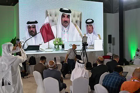 Qatar's Emir Sheikh Tamim bin Hamad Al Thani's addresses the opening of the 2025 Arab–Islamic emergency summit in Doha on September 15, 2025.