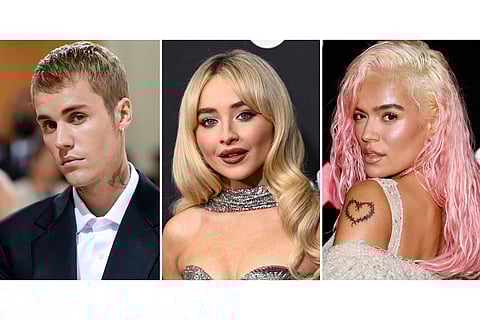 Justin Bieber, from left, Sabrina Carpenter, and Karol G will lead the Coachella lineup.
