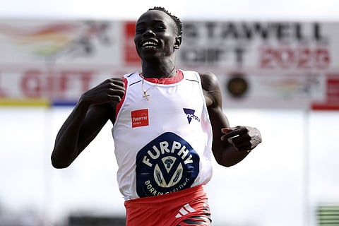 Australia's Gout Gout reacts after competing in Backmarkers Invitation 120m event during the 2025 Stawell Gift at Central Park in Stawell on April 21, 2025.