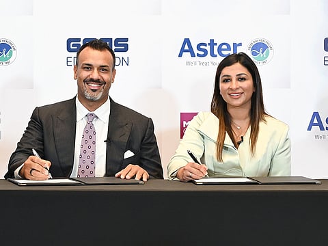 Alisha Moopen, Managing Director and Group CEO, Aster DM Healthcare; and Jay Varkey, Deputy CEO, GEMS Education during the agreement signing ceremony in Dubai