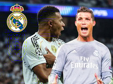Real Madrid’s French forward #10 Kylian Mbappe with his trademark celebration, alongside Cristiano Ronaldo’s celebration during his time at Real Madrid.