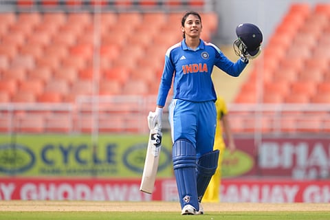 Smriti Mandhana at the Maharaja Yadavindra Singh International Cricket Stadium in New Chandigarh on Wednesday.