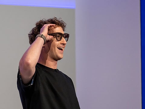 Mark Zuckerberg, chief executive officer of Meta Platforms Inc., wears a pair of Meta Ray-Ban Display AI glasses during the Meta Connect event in Menlo Park, California, US.