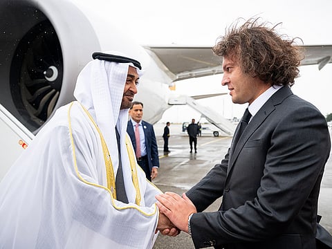 President His Highness Sheikh Mohamed bin Zayed Al Nahyan is received by Irakli Kobakhidze, Prime Minister of Georgia, upon arriving at Shota Rustaveli Tbilisi International Airport during an official visit.