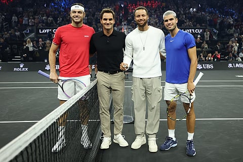 Taylor Fritz of Team World, Former tennis player Roger Federer, NBA player Steph Curry of the Golden State Warriors, and Carlos Alcaraz of Team Europe pose prior to a singles match during day two of Laver Cup 2025 at Chase Center on September 20, 2025 in San Francisco, California.