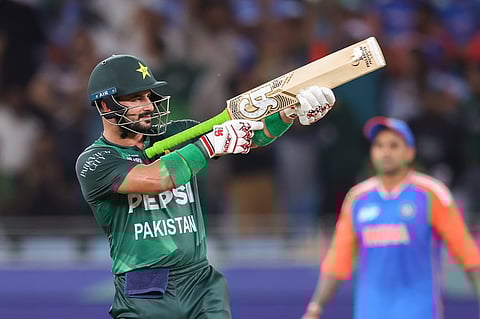 Pakistan opener Sahibzada Farhan celebrate his half century against India during  their match at Dubai International stadium on Sunday.