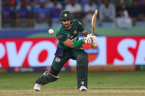 Pakistan opener Sahibzada Farhan plays a shot against India during  their match at Dubai International stadium on Sunday.