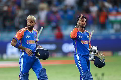 India’s Hardik Pandya and Tilak Varma celebrate their win over Pakistan during the Asia Cup match at Dubai International Stadium on Sunday.
