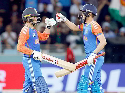 India's Abhishek Sharma and Shubhman Gill celebrate during the match against Pakistan in the Super Four of Asia Cup 2025, at Dubai International Cricket Stadium on Sunday.