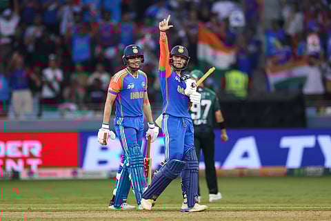 Indian opener Abhishek Sharma celebrate his half century against Pakistan during their Asia Cupl match at Dubai International stadium on Sunday. Photo: Virendra Saklani/Gulf News