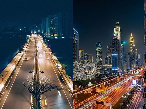 A well-lit Marine Drive in Kochi, Kerala, with residential buildings (left), and Dubai’s Sheikh Zayed Road, featuring the Museum of the Future and a glittering high-rise skyline at night (right).