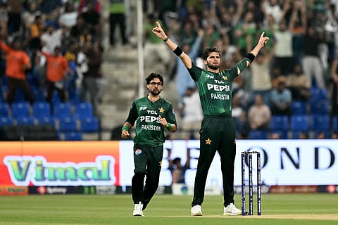Pakistan's Shaheen Shah Afridi celebrates after taking the wicket of Sri Lanka's Pathum Nissanka during the Asia Cup 2025 Super Four Twenty20 international cricket match at the Sheikh Zayed Cricket Stadium in Abu Dhabi on September 23, 2025.