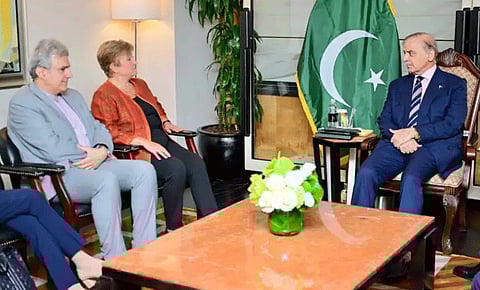 Prime Minister Shehbaz Sharif in a meeting with Managing Director of the International Monetary Fund Kristalina Georgieva.
