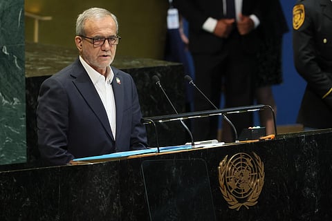 President of Iran Masoud Pezeshkian speaks during the United Nations General Assembly (UNGA) at the United Nations headquarters on September 24, 2025 in New York City.
