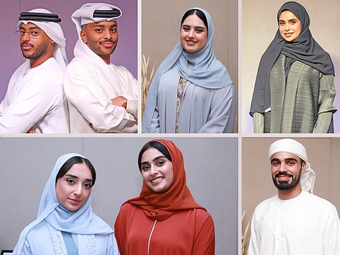 Clockwise from top left: Abdulla Alameri, Manea Alzaabi,  Shahad Alzarooni,  Sara Alhadhrami , Nasser Al Jeaidi, Najla Al Hajeri and Jawaher Al Harmoudi