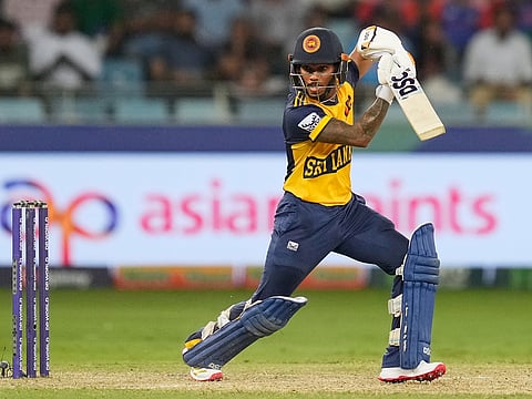 Sri Lanka's Pathum Nissanka plays a shot during the Asia Cup T20I match against India at Dubai International Cricket Stadium, on Friday, September 26, 2025.