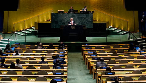 Israeli Prime Minister Benjamin Netanyahu addresses the United Nations General Assembly at UN headquarters in New York City on September 26, 2025.