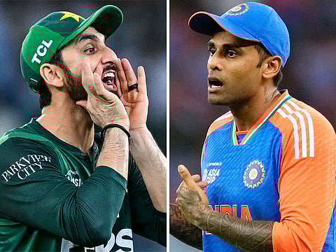 Pakistan's captain Salman Agha (L) and India's skipper Suryakumar Yadav