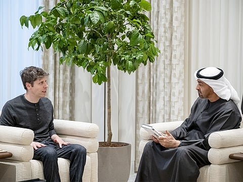 President His Highness Sheikh Mohamed bin Zayed Al Nahyan with Sam Altman, CEO of OpenAI, at Qasr Al Shati, in Abu Dhabi.