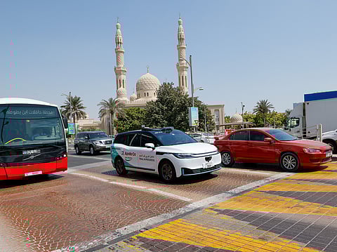 Baidu’s Apollo Go RT6 robotaxi during a trial run with a safety driver on Jumeirah Beach Road, Dubai. Photo: Virendra Saklani/Gulf News