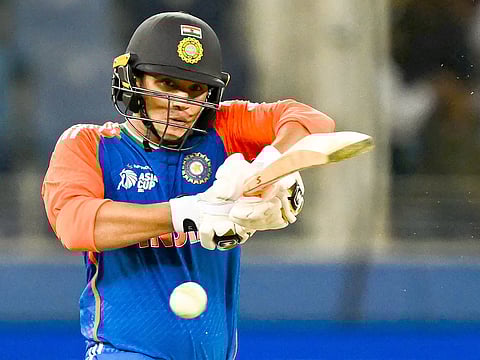 India's Abhishek Sharma plays a shot during the Asia Cup 2025 Super Four T20I against Sri Lanka at the Dubai International Stadium on September 26, 2025.