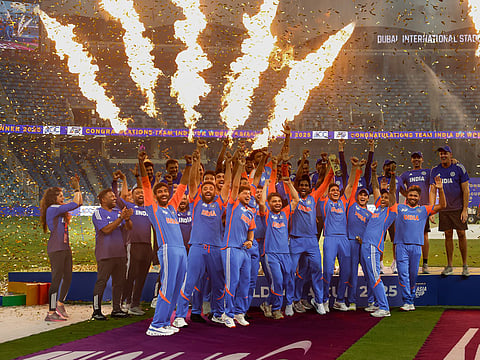 Indian players celebrate their victory without the trophy after beating Pakistan in the DP World Asia Cup final at the Dubai International Stadium.