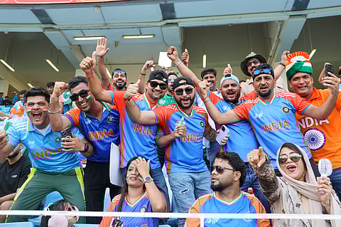 India fans at the Dubai International Cricket Stadium on Sunday.