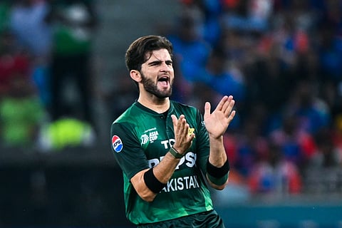 Pakistan's Shaheen Shah Afridi celebrates the wicket of India's captain Suryakumar Yadav in Dubai on September 28, 2025.