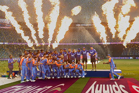 Indian players celebrate their win in the DP World Asia Cup final defeating Pakistan at Dubai International stadium on Sunday. Photo: Virendra Saklani/Gulf News