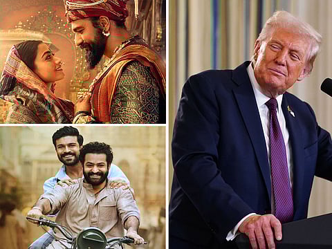 US President Donald Trump alongside stills from Bollywood epics Chhaava and RRR, as his proposed 100% film tariff sparks fears of a cultural trade clash.