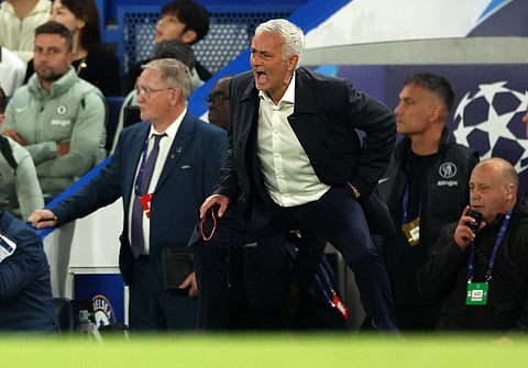 Benfica's Portuguese head coach Jose Mourinho reacts during the UEFA Champions League, league phase football match between Chelsea and Benfica at Stamford Bridge in London on September 30, 2025.