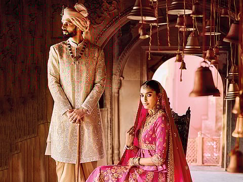 Wedding wear for him and her from the Abu Sandeep diffusion collection.